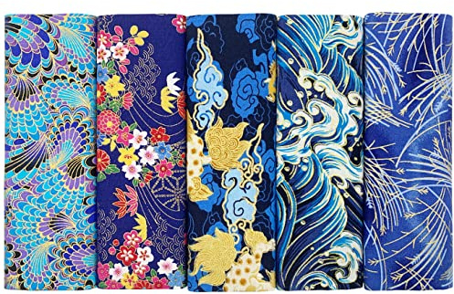 aufodara 5 pièces 40 x 80 cm Tissus Coton Couture Style Japonais Bronzant Imprime Patchwork Couture Quilting Scrapbooking Loisir Créatifs DIY Fabric à la Main en Tissu à Coudre (Bleu)