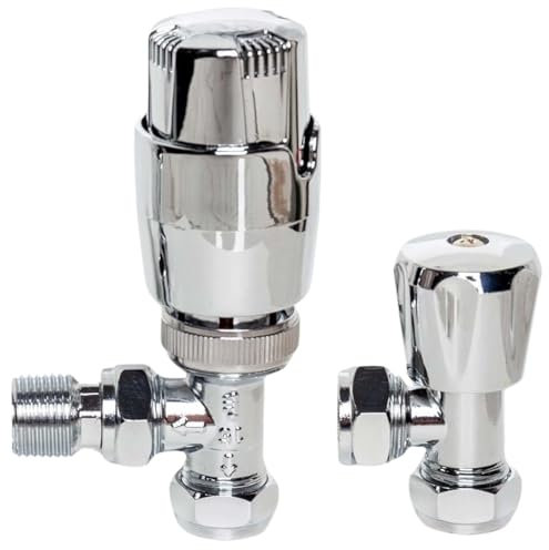 Chrome Angled Thermostatic Radiator Valves TRV Modern Radiator Valves 15mm x 1/2 (Set of 2) for Heated Towel Rails & Central Heating Radiators Radiator Valve Set
