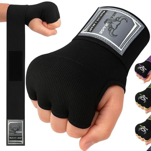 BEAST RAGE Boxbandagen Herren, Gelhandschuhe MMA 75 cm lang Boxbandagen elastisch, gepolstert Gel Innenhandschuhe Boxen, Boxsack, Training Muay Thai, Handbandagen Kinder (Schwarz, M (Adult))