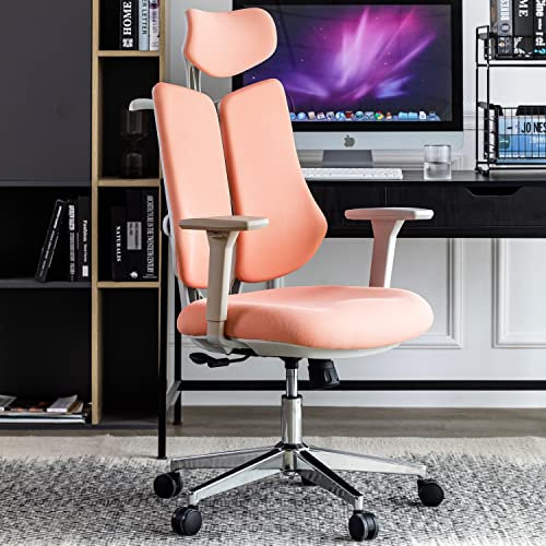 ALEAVIC Chaise de Bureau Ergonomique, Fauteuil de Bureau avec Double Dossier Accoudoirs 4D, Siege de Bureau en Maille avec Cintre, Support Lombaire Confortable, Siège Bureau Pivotants (Rose)