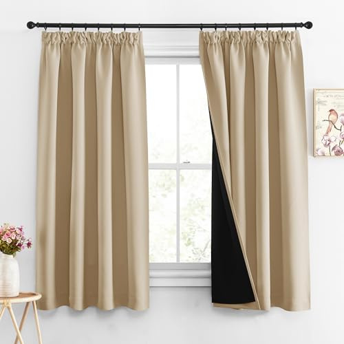 PONY DANCE Kräuselband Gardinen Beige Blickdicht Thermovorhang Schiene | 160 cm Lang, Lichtundurchlässig, Hitzeschutz, für Schienensystem, Dick, Schwer, Kurz, für Schlafzimmer Wohnzimmer, 2er Set
