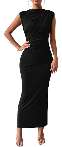 BTFBM Women Ruched Bodycon Maxi Dresses Summer Casual Sleeveless Lightweight Slit Elegant Cocktail Wedding Guest Dress(Black, Small)