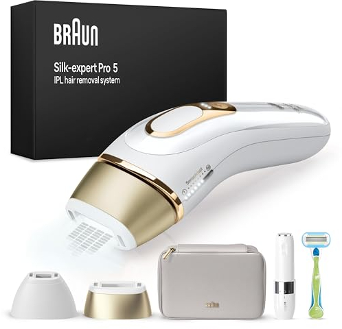 Braun IPL Silk·expert Pro 5 – IPL Geräte Haarentfernung, Dauerhafte und Schmerzfreie Haarentfernung für Zuhause – inkl. Etui, Venus Rasierer, 2 Aufsätze, Designed In Germany – PL5156, Weiß/Gold