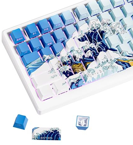 HITIME XVX PBT Shine Through Side Print Keycaps - 75% Dye Sub, 131 Keys Cherry Profile Custom 60% - Wave of Kanagawa Double Shot for Mechanical Keyboards
