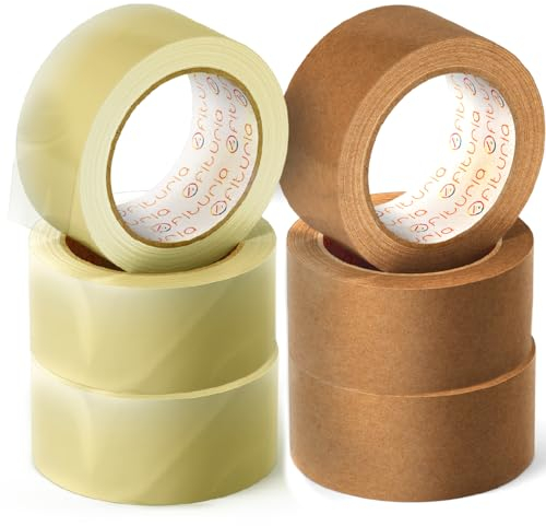 OFITURIA Cinta Adhesiva, Cinta Embalar ideal para Embalaje de Cajas de Cartón, Envíos y Mudanzas, Pack de 6 Rollos de Cinta, Precinto Adhesivo Seguro y Resistente (3 Transparente, 3 Kraft)