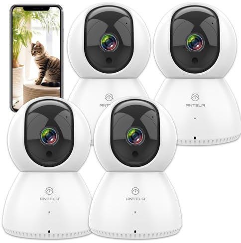 ANTELA Cámara Vigilancia WiFi Interior 1080P, 2.4/5GHz, 355°/90° PTZ, Audio bidireccional, Visión Nocturna IR, Detección de Movimiento, Compatible con Alexa/Google Home (4pcs)