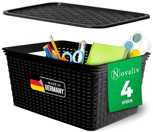 Novaliv 4er Set Elegante Aufbewahrungskörbe mit Deckel in Rattan-Optik | Schwarz Lebensmittelecht Kunststoff 14L ? für Büro und Zuhause. Vielseitige Kisten zur Aufbewahrung. Ideale Aufbewahrungsbox