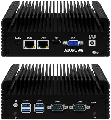 AIOPCWA Fanless Mini PC, Celeron N2840 Industrial Computer, 2 Port Gigabit/1000M LAN, 2 × COM RS232 Serial Port, 8GB RAM 128GB SSD, Support WinOS, Linux, Wifi/BT, VGA, SIM slot