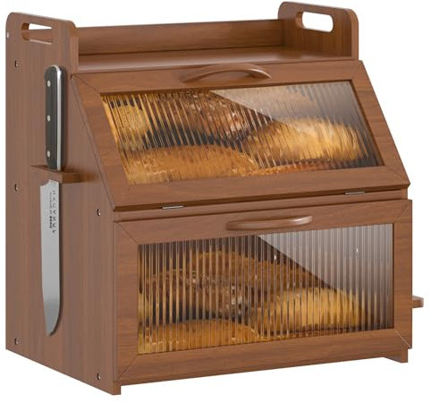 TQQDCI Scatola per pane per piano di lavoro della cucina, grande contenitore per pane fatto in casa, organizer vintage in legno per il pane in stile fattoria, doppio strato con finestra in acrilico