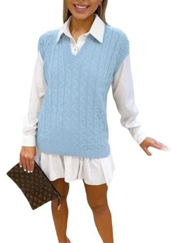 WeaAll Ladies Cable Knit V Neck Sleeveless Vest Women's Knitted Jumper Tank Top Winter Chunky Sweater Plus Size UK 8-22
