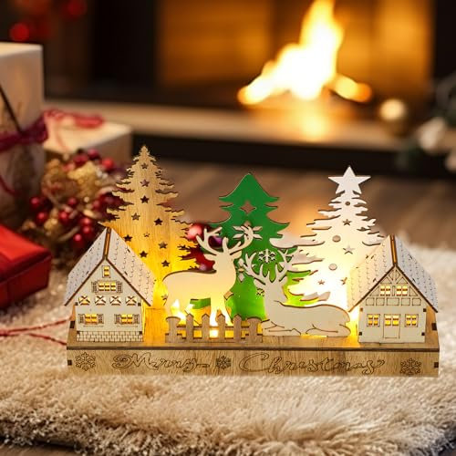 Nexoria Arco de luces LED para Navidad, pueblo de Navidad con iluminación, decoración navideña de madera, casa de Navidad, casa de Navidad, iluminada, funciona con pilas, decoración navideña