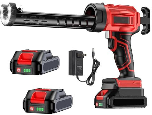 Polegas Electric Caulking Gun, 21V Cordless Caulk Gun, Sealant Gun with 2 x 2000mAH Battery and Charger, 4 Adjustable Speeds, LED Light, Silicone Gun for Filling, Sealing