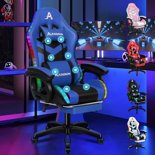 ALFORDSON Gamingstol ergonomisk, gamerstolar med ländryggskudde, nackstöd spelstol höjdjusterbar kontorsstol datorstol för vuxna flickor pojkar, blå