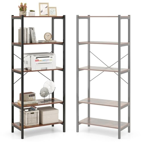 HOMASIS Bücherregal mit 5 Ebenen, Standregal aus Metallrahmen & Holz, industrielles Aufbewahrungsregal bis zu 100 kg tragen, Regal für Wohnzimmer, Schlafzimmer, Küche, Büro (Braun, 66x34x161cm)