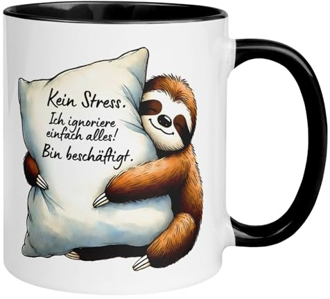 Faultier Tasse | Kein Stress - Ich ignoriere einfach alles | Lustige Kaffeetasse mit Spruch | Witziges Anti Stress Geschenk für Morgenmuffel