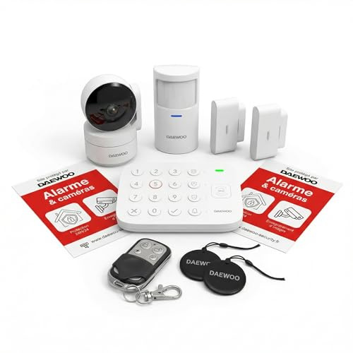 Daewoo Alarme Maison Connectée Vigilia | Kit Complet WiFi | Caméra Rotative, 2 Détecteurs Ouverture/Vibration, 1 Détecteur Mouvement Animaux, RFID | sans Abonnement | Compatible Alexa & Google