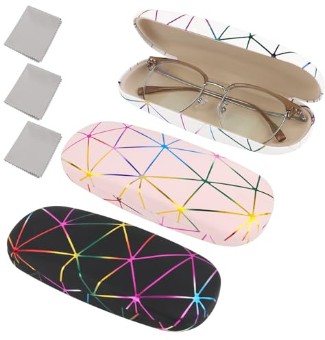 TDUNSYA Étui Lunettes 3 Pièces avec Chiffon à Lunettes, Étuis Rigides Multicolore, Étui Rigide de Soleil en Cuir PU pour Soleil pour Femmes, Hommes