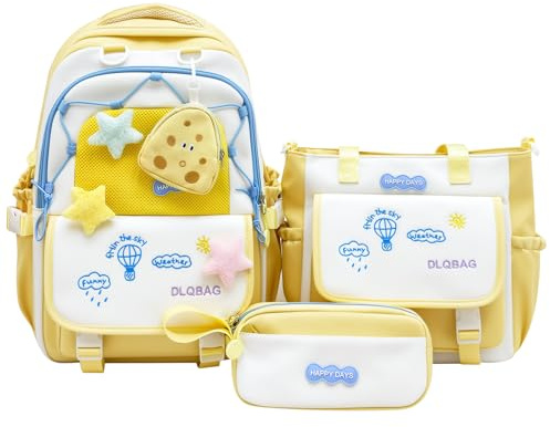 Amythe Set Schulrucksack Mädchen 3 Teilig, 2025 Schulranzen 3-7. Klasse mit Umhängetasche Federmäppchen Oberstufe für Schule Reisen, Schultasche Casual-Gelb