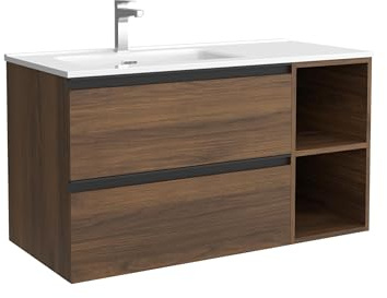 Cygnus Bath Mueble de Baño BEQUIA Plus Metal 100cm Nogal | Lavabo Porcelana Grifo Izquierda 2H