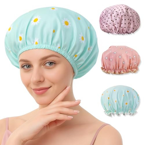 GGUFAY 3 Pezzi Cuffia da Doccia Impermeabile, Riutilizzabile Doppio Strato Cuffie Capelli con Elastici, Donna Spa Salone Viaggi Hotel Casa
