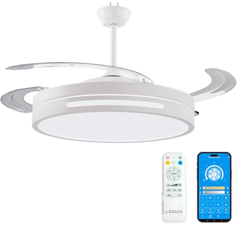 LEDUNI Ventilador con Luz LED con mando+APP 50CM, Motor DC +Luz LED, 66W, temporizador, 6 velocidades, aspas retráctiles, 3 temperaturas de luz, función verano-invierno Silencioso(Blanco perla)
