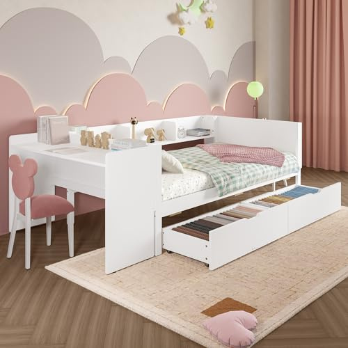 MQLAE Kinderbett 90x200, Tagesbett Jugendbett mit Schreibtisch mit Regalen,Bett mit 2 Schubladen und Lattenrost, Sicherheitszaun-Design, Multifunktionales Bettgestell Kiefer+Spanplatte, Weiß