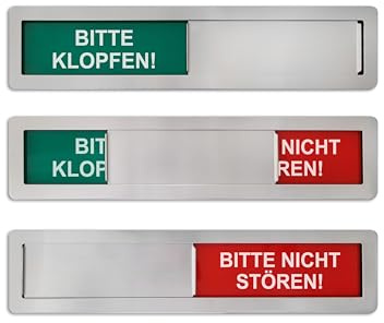 Frei/Besetzt-Schild Modell FERRA: BITTE KLOPFEN/BITTE NICHT STÖREN 180x40x4mm - Metall Schiebeschild (Stahl 304) - Schick & robust - Magnetische Rückfläche & zusätzl. 2 Klebepads - SynMe Germany