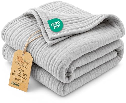 Babyfilt sommar tunn muslinfilt 100 x 150 cm - lätt andningsbar filt bomull barnvagn vagn – solskydd nyfödd baby spädbarn mjuk resefilt babylift flicka pojke present Oeko-Tex Grå
