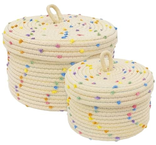 Hotainoys 2 st rund korg med lock, bomullsrep vävd boho-förvaring, 8 x 5 & 25 x 15 x 15 cm rund dekorativ regnbågskorg för babyrum snacks leksaker söta förvaringsfack