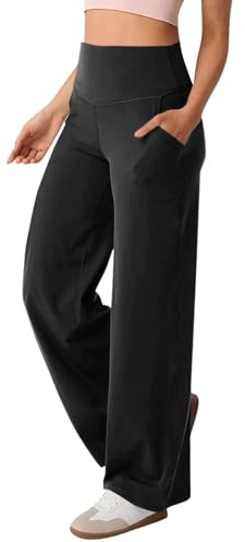 AMDOLE Women Wide Leg Yoga Pants with Pockets Stretch Straight Leg Flared Trousers Tummy Control Flare Leggings Athletic Trousers for Women UK Business Casual Pants Womens Plus Size a-Black M