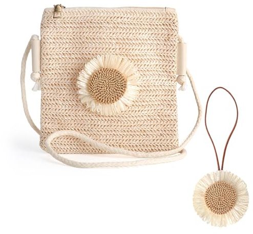 YPLANGENT Bolsa de paja para mujer, bolso de playa pequeño, bolsa de paja ajustable, estilo bohemio, bolsa de playa, paja con colgante de flores, para verano, vacaciones, playa, viajes