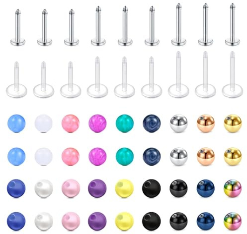 CIZME Labret Piercing 16G 1.2mm Chirurgenstahl Bioflex Lippenpiercing Ohr | Ohrstecker Set 4/6/8/10mm Kugel Flatback Tragus Helix Conch Schmuck Silber Bunt Transparent Piercings Stecker Damen