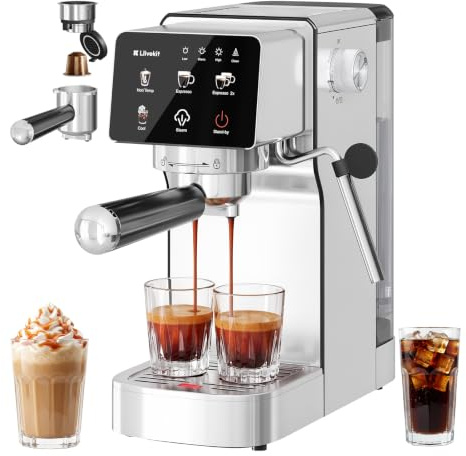 LLIVEKIT 2 in 1 Multi Capsule Coffee Machine with Milk Frother, 20 Bar | Espresso Machine Compatible with Nespresso Capsule/Ground Coffee, Hot & Cold Brew, 3 Temperature Levels, 1.2L Water Tank