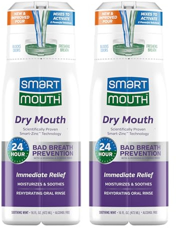 SmartMouth Dry Mouth Zinc Activated Mouthwash - Dry Mouth Rinse for Immediate Relief & Instant Fresh Breath - Optimal Oral Health - Sugar, Gluten & Alcohol-Free - Soothing Mint - 16 fl oz - 2 Pack