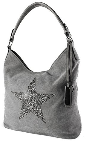 Redfox Schultertasche aus Segeltuch mit glitzernden Strasssteinen, groß, 35 x 30 x 14 cm, Grey Dark Star, Large