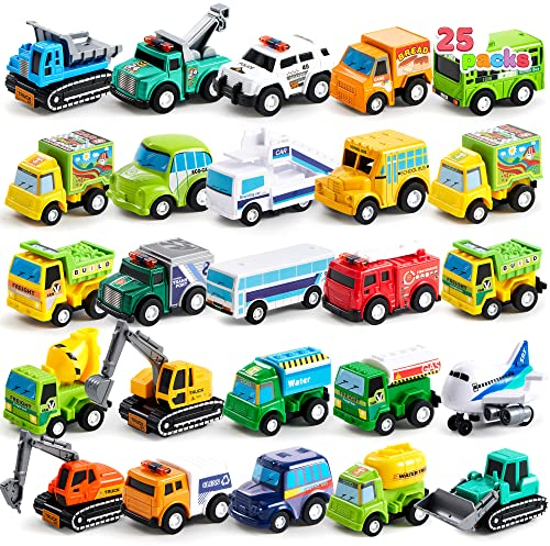 JOYIN 25 Stück Zurückziehen Stadtautos und Lastwagen Spielzeugfahrzeug-Set für Kleinkinder, Mädchen und Jungen, Kinderspielset, Aufziehautos, Spielzeugautos Set, Mini Auto Spielzeug ab 1 2 3 Jahre