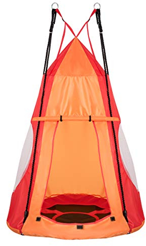 COSTWAY Ø 100cm Nestschaukel mit Zelt, Gartenschaukel bis 150kg belastbar, Kinderschaukel mit Tür und Fenster, Schaukel für Indoor und Outdoor, inkl. höhenverstellbarem hängendem Seil (Orange)