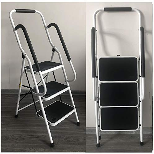 Escabeau 3 Marches de Sécurité, Main courante de Sécurité, Acier Robuste, Pliable, Portable avec Tapis en Caoutchouc Antidérapant – Charge de 150 kg