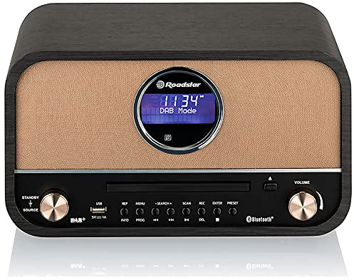 Roadstar HRA1782ND+BK Micro-chaîne Vintage, Radio Dab/Dab+/FM, Lecteur CD-MP3, Stéréo, Bluetooth, USB Fonction de Enregistrement, AUX in RCA, Télécommande, Connexion pour Casque, Rétro, Noir