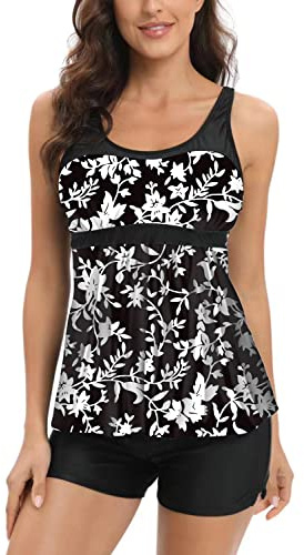 AOQUSSQOA Women Floral Halter Tankini Set with Shorts High Waist Sporty Swimsuit Bikini (Black Leaf, XL)