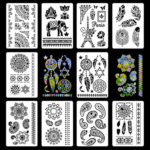 10 A4 Schablonen Set Tiere Mandala Federn, 21 x 29,7 cm wiederverwendbare PET Malschablonen für Holz Stoff Fliesen, Bastelzubehör Geschen