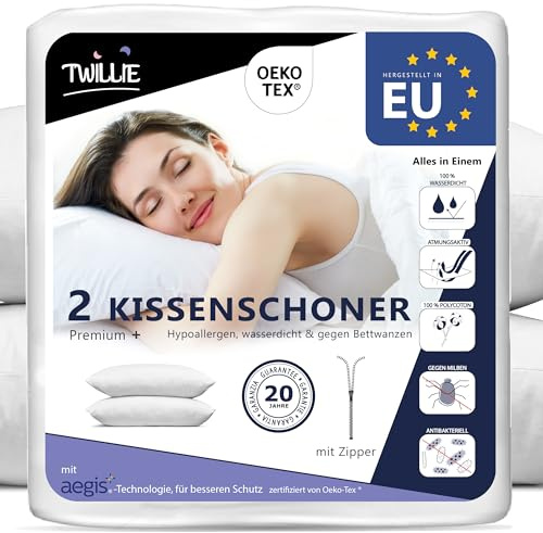 Twillie - Funda de Almohada Impermeable 50x75 cm - Juego de 2 cert. Oeko-Tex® - Aegis® – Protector de Almohada Hipoalergénico, Antiácaros, Antibacteriano, Antichinches 100% Polialgodón