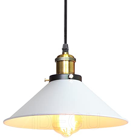 iDEGU Industrielle Pendelleuchte Vintage Hängelampe Stil Edison Retro Pendellampe mit 26CM Metall Lampenschirm E27 Fassung Weiß Hängeleuchte für Esszimmer Küche Schlafzimmer Restaurant (1-flammig)