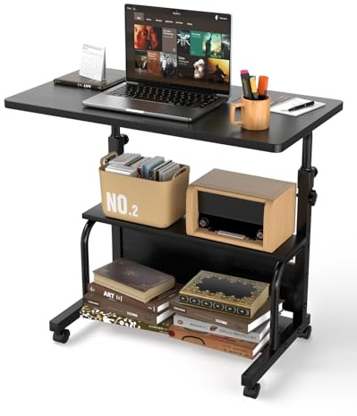 QZMDSM Portable Rolling Desk on Wheels Adjustable Height Desks for Small Spaces, 32 Computer Desk with Storage Shelves for Home Office Black
