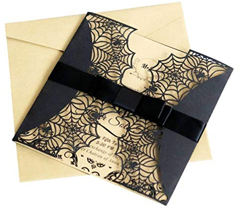 FOMIYES 8 x Halloween-Einladungskarten mit Spinnennetz-Design, reine schwarze Halloween-Einladungen mit Schleife für Halloween und Verlobungsfeiern