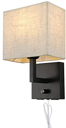 wkeessee Bedside Wall Mount Light with Dimmer Switch and Two USB Charging Port, Fabric Linen Shade Wall Sconces Light with Plug in Cord, Black Wall Lamp Perfect for Bedroom, Living Room and Hotel