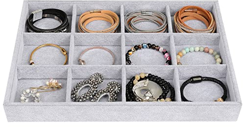 Emibele Schmucktablett, 12 Gitter Schmuck Organizer für Halskette Ring Ohrring Ohrstecker Armband, Weiche Samt Schmuckaufbewahrungsbox Schmuckdisplay, Abnehmbare Stapelbare Fächer - Grau