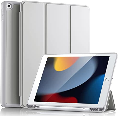 Vobafe Hülle Kompatibel mit iPad 9 8 7 Generation(10.2 Zoll, Model 2021/2020/2019,9./8./7.), Weiche TPU Rückseite Abdeckung Klappständer Schutzhülle mit Stifthalter, Auto Schlafen/Wachen, Hellgrau