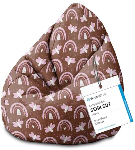 DreamRoots Sitzsack Kinder 70x70x105, Butterflies and Rainbows | Bean Bag Kinder mit Lehne, Hocker & Bezug, Sitzkissen Boden, Bubibag, mit Füllung, Kinderzimmer