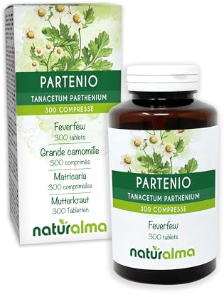 Mattram (Tanacetum parthenium) ört med blommor Naturalma - 150 g - 300 tabletter - Kosttillskott - Naturligt och Veganskt
